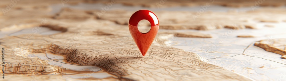 Poster red location pin over detailed topographical map highlighting geographical features and landmarks