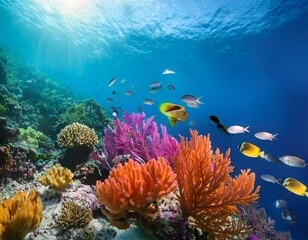 Naklejka premium A colorful coral reef teeming with tropical fish and marine biodiversity in crystal-clear water
