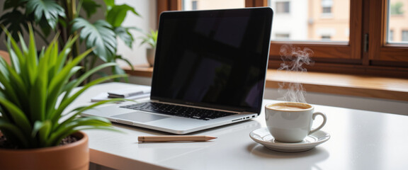 Cozy workspace with a laptop and steaming coffee cup beside a green plant, radiating a calm and inviting atmosphere, representing productivity and comfort in a modern setting