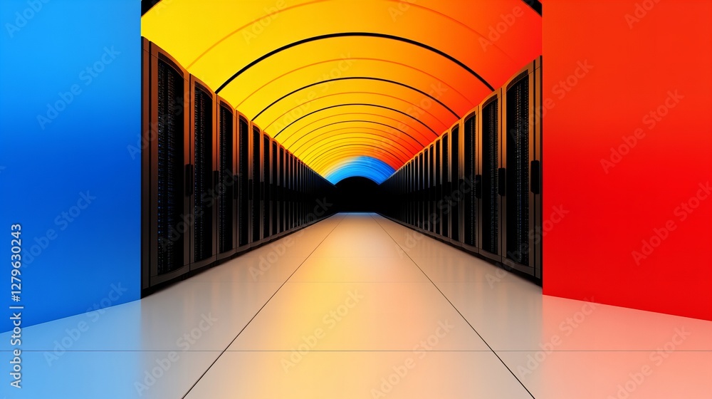 Poster abstract image of a server room with vibrant colored walls and ceiling. rows of black servers line t