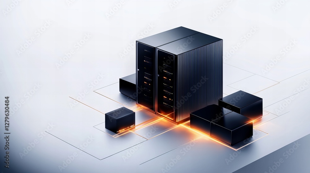 Aufkleber sleek black servers and data cubes glow with warm light, symbolizing digital connectivity and proces