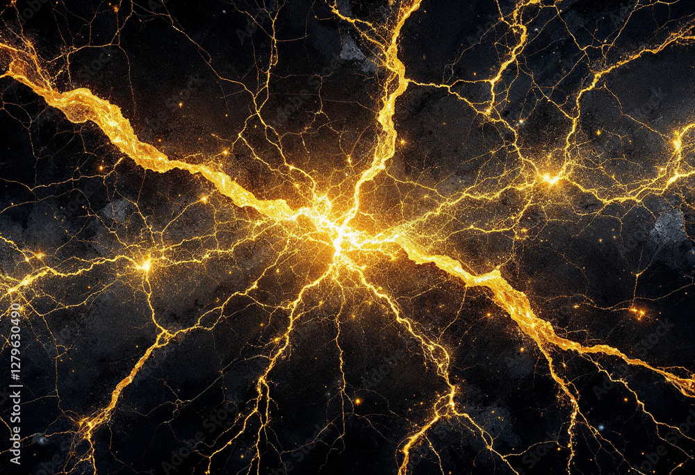 Poster abstract glowing golden lightning with intricate lines and sparks creating a dynamic electric energy