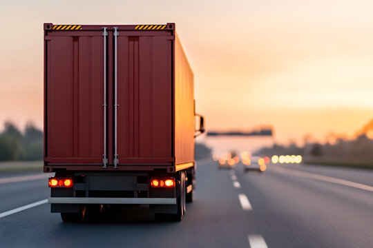 Large semi-truck driving on highway at sunset. Transport and delivery concept. Heavy cargo transportation along the highway. Logistics and distribution. Blurred background.