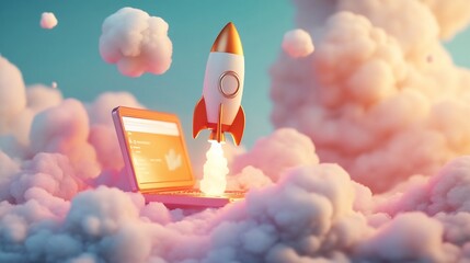Digital Launch: Rocket Taking Off from Laptop in Clouds