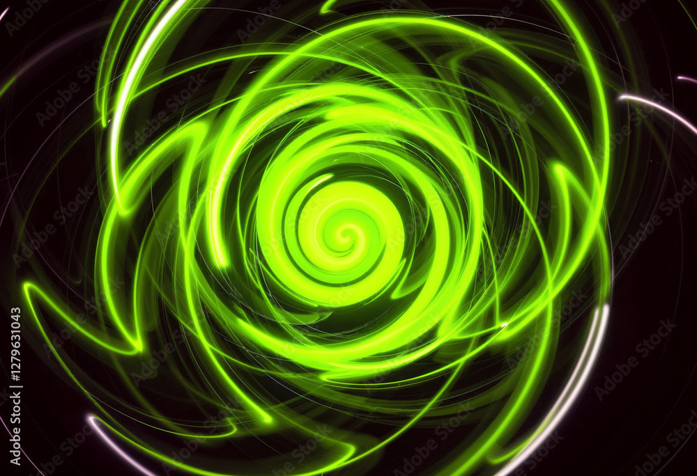 Aufkleber glowing neon green abstract spiral with dynamic swirling light effects on a dark background creating