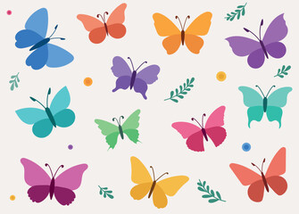 Set of colorful butterflies with simple, solid-colored wings and minimalistic design. Each butterfly has a unique shape and vibrant tones, representing diversity in form. Clean and modern flat