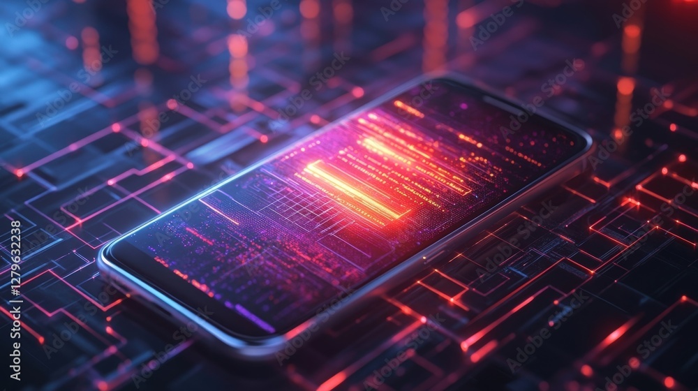 Poster futuristic smartphone displaying source code lines on a circuit board like background, representing 