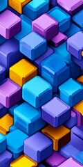 A vibrant arrangement of colorful 3D blocks in shades of blue, purple, and yellow, creating a dynamic and visually appealing abstract pattern.