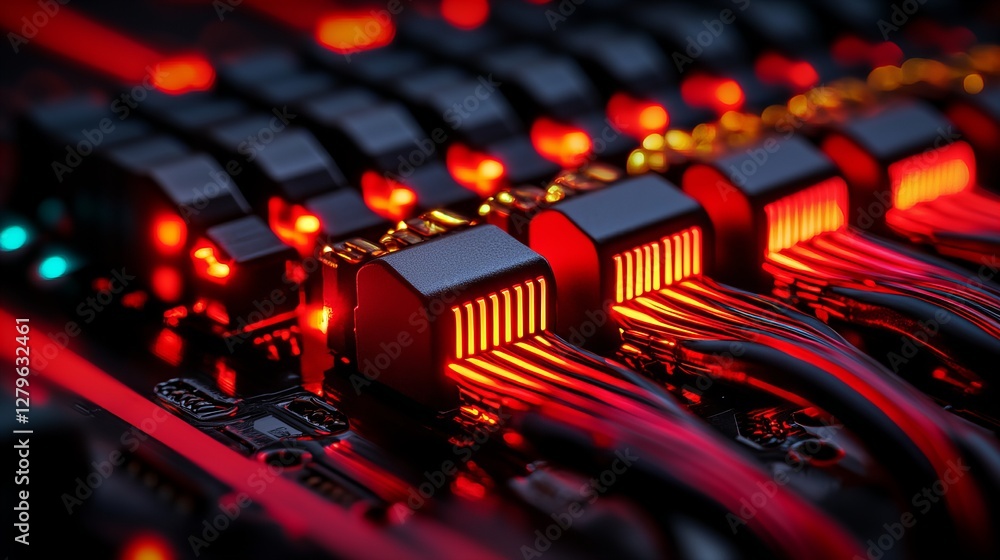Poster close-up of illuminated computer components. intricate wiring and glowing red lights create a dramat