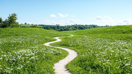 Obraz premium Winding path through flowered meadow, hills background, sunny day, nature scene