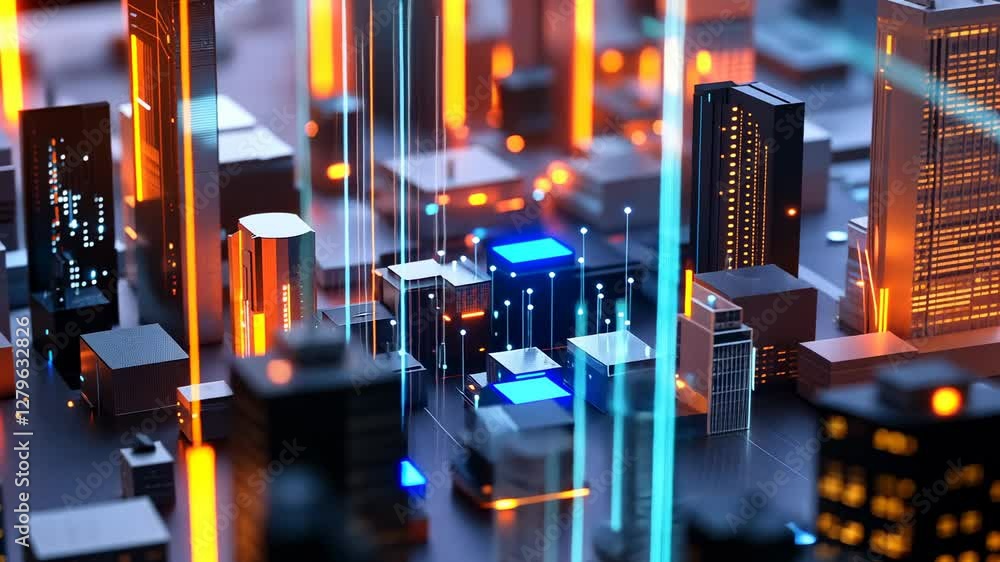 Poster futuristic cityscape with glowing data streams and modern architecture