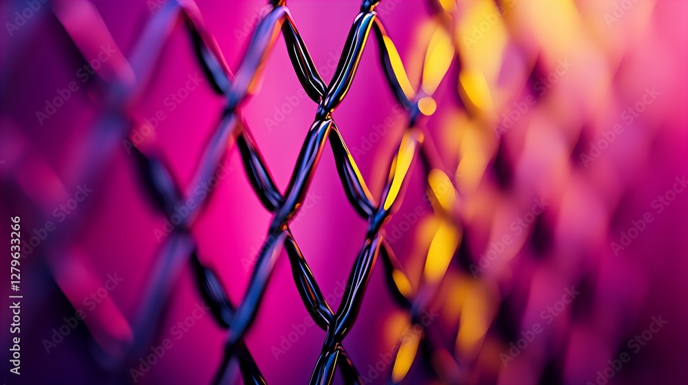 Poster close-up of a chain link fence with vibrant pink and gold hues. abstract texture and pattern.