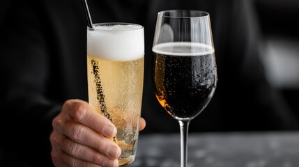 Hand holding drink, two glasses of beverages, indoor setting