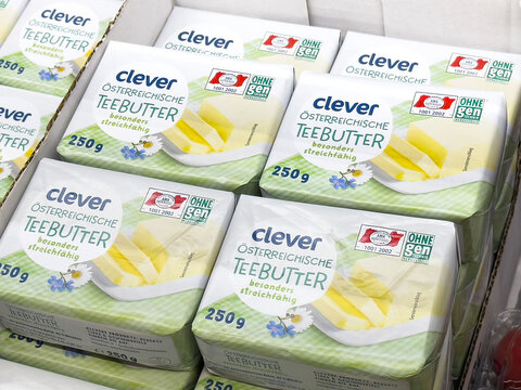 Austrian teebutter packages in supermarket display