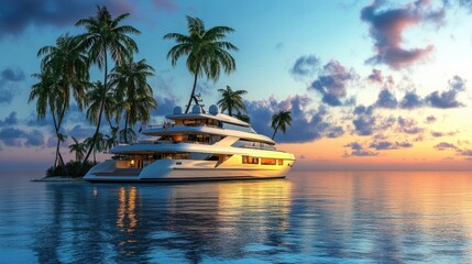 Luxurious Yacht Anchored Near Tropical Island at Sunset