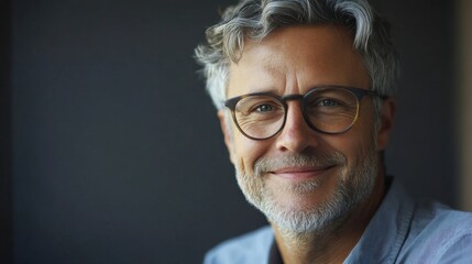 Obraz premium Smiling Man Portrait: Gray-haired, Mature, Wearing Glasses, Confident Look.