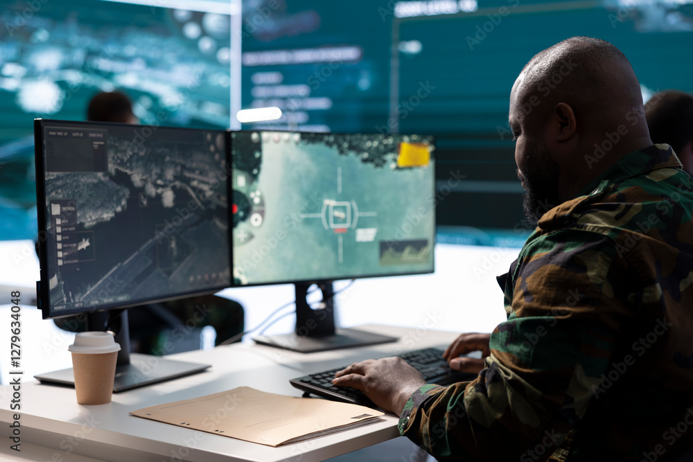 Aufkleber military crew in a high tech operations room working on data processing, transmitting real time surv
