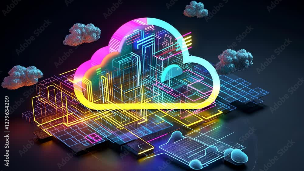 Poster captivating neon cloud network visualization - modern technology infrastructure