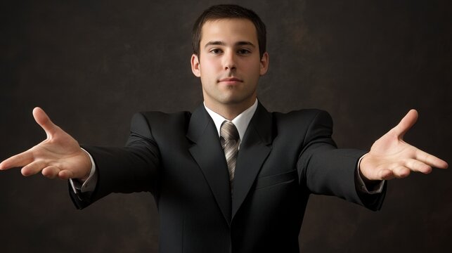 Confident Businessman Extending Open Hands in Offering Gesture