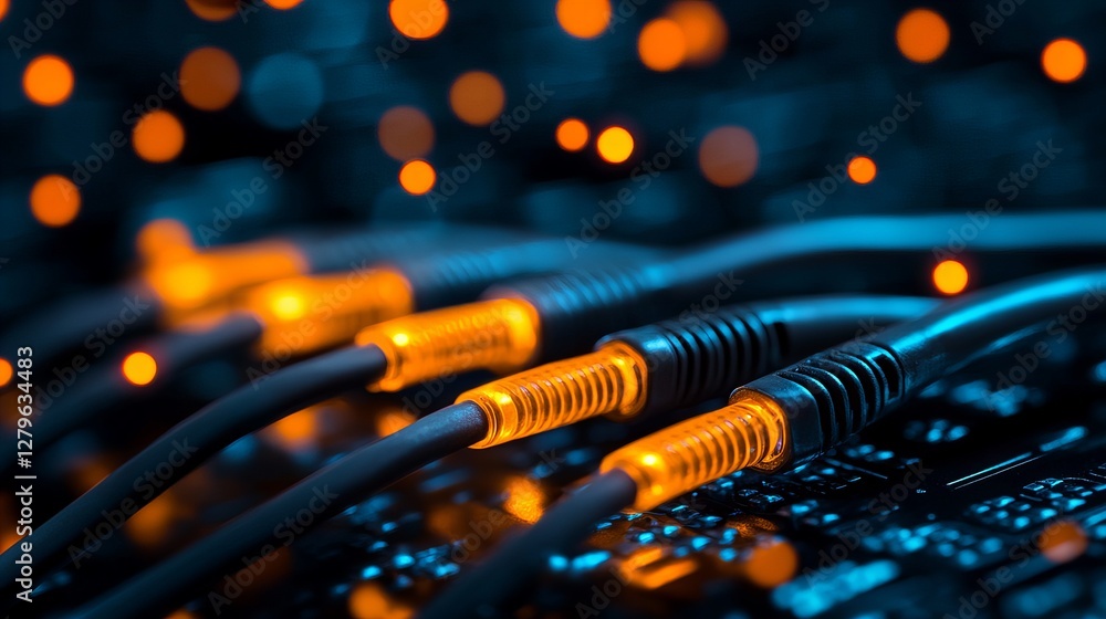 Aufkleber close-up of glowing network cables connected to a circuit board. the vibrant orange and blue hues cr