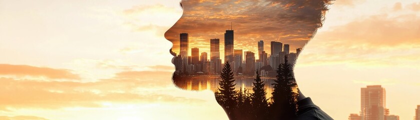 Fototapeta premium Dreamlike Double Exposure of Urban Landscape Merged with Silhouette of a Person During Sunset