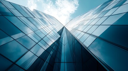 Looking Up at Modern Glass Skyscraper Against Blue Sky and Clouds