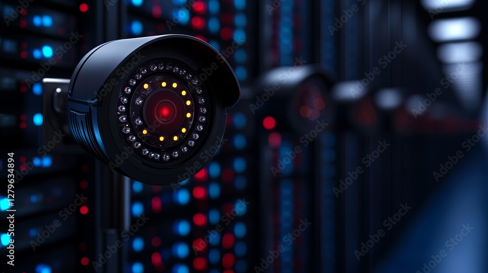 Poster close-up of a security camera lens with a red light, mounted on a server rack. data center security.