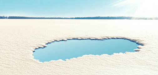 A serene ice field with a clear water pool reflecting the blue sky.