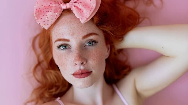 Beautiful freckled redhead woman portrait with coquette style outfit, Top view angle shot over pink background