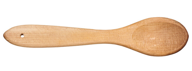 Wooden empty spoon with long handle on isolated background, top view