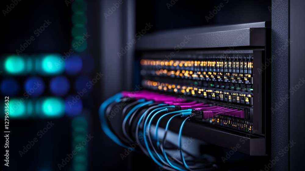 Poster close-up of server rack with glowing lights and colorful cables. high-tech data center infrastructur