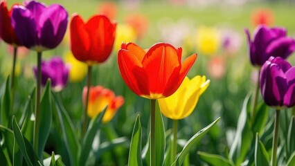 Fototapeta premium A stunning display of multicolored tulips thriving in a lush field, bathed in warm sunlight. A beautiful celebration of the freshness and joy of spring