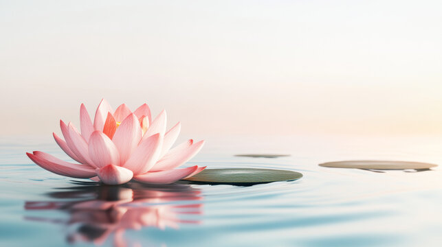 Elegant white lotus flower floating on calm water with soft ripples, serene meditation scene, peaceful nature background, minimalistic spa concept, relaxation, mindfulness, purity, and tranquility