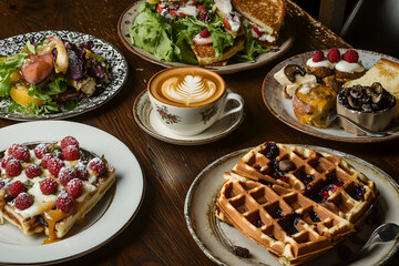 various breakfast dishes, including waffles with berries and fruits, green smoothies in mugs, rustic bread on plates