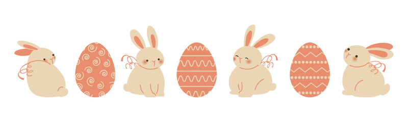 Set of cute bunnies and decorated Easter eggs for Happy Easter designs. Bright and cheerful illustration for greeting cards, invitations, and festive decorations. Playful and charming style