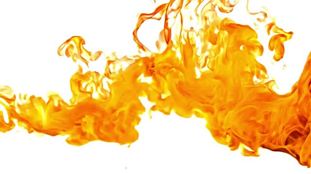 Fire flames on white background. Beautiful dancing fire, the surface is ablaze. Lots of fire. Close-up immersion in the flames. The camera passes through the fire. Burning tongues of flame