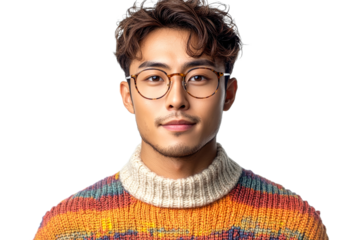 Young man wearing colorful sweater with glasses