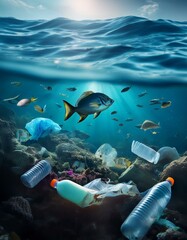 Fototapeta premium A haunting image of plastic waste polluting the ocean, with fish swimming nearby.