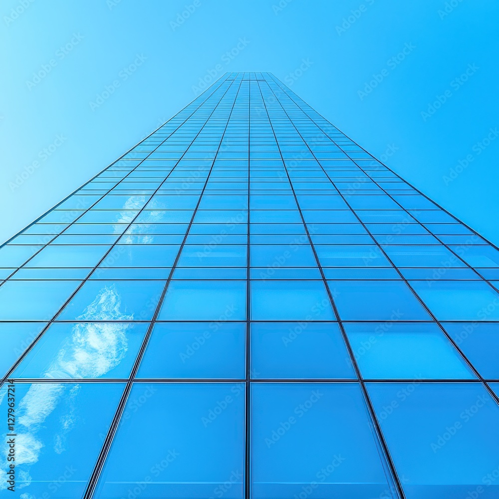 Poster modern glass skyscraper reflecting blue sky and clouds; low angle view emphasizing height and archit