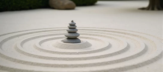 Papier peint photo Beige Japanese Zen Garden featuring concentric circles  parallel lines on textured white-sand backdrop showcasing simplicity  meditative spiritual patterns  © Pixel Matrix