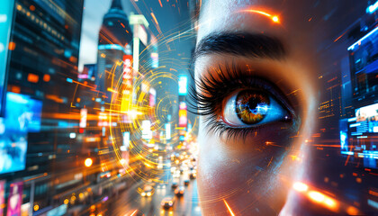 double exposition of the woman's eye with the futurist city in the background