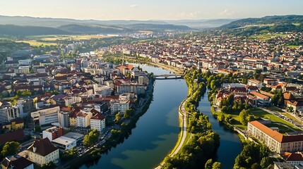 Obraz premium Aerial view of the city center along the waterway in Austria during daytime