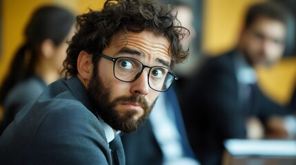 Corporate stress Overworked professional a meeting looking disheveled and fatigued by work demands