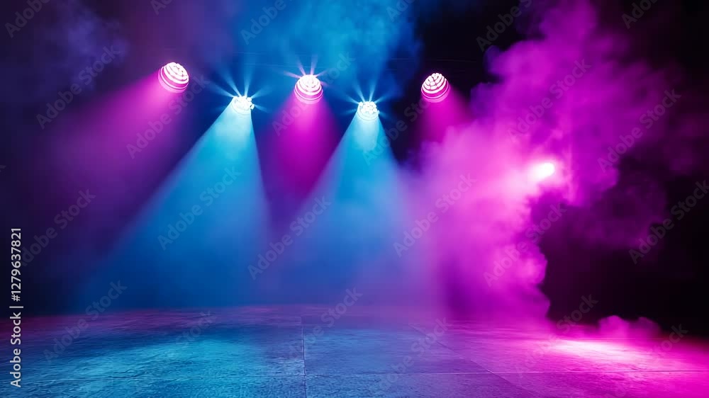 Poster illuminated stage with colorful spotlights and fog for events background