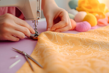 Obraz premium Crafting with care: Hands guide fabric through a sewing machine on a lilac table. Yarn and scissors add to this delightful scene.