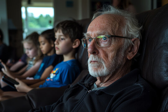 elderly man sits on couch, looking contemplative while children are engaged with their devices nearby. contrast between his expression and their focus highlights generational differences