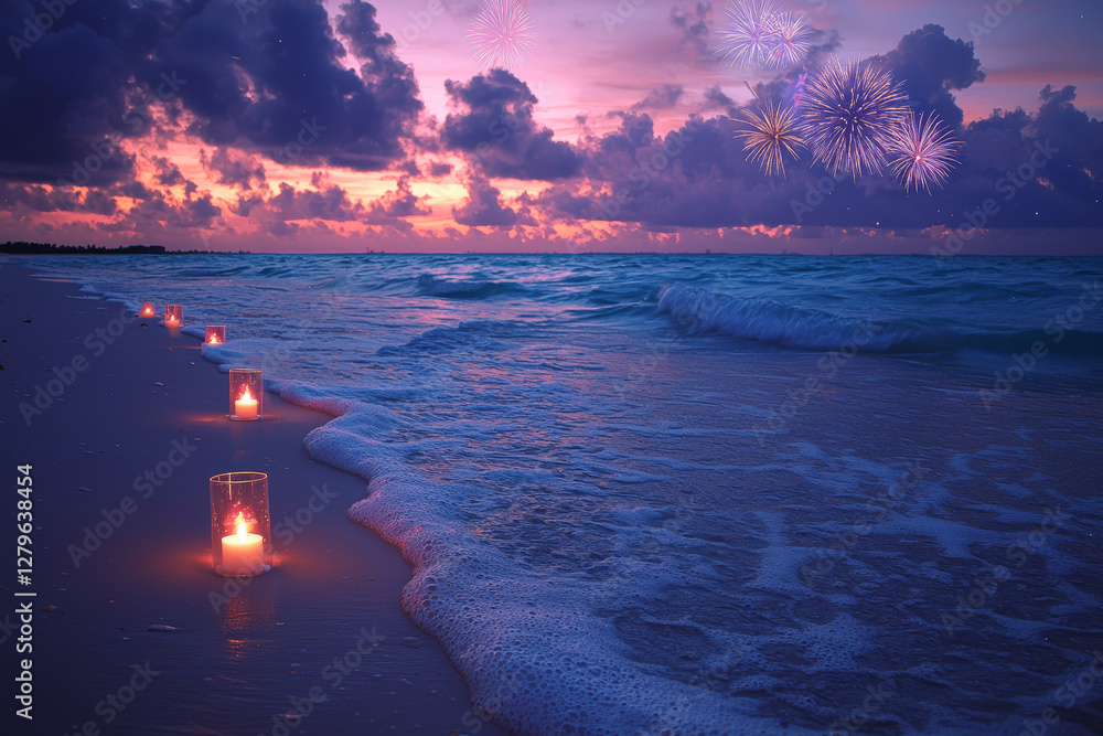 Poster serene beach setting at sunset with candles lining shore, creating peaceful atmosphere. fireworks li