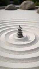 Naklejka premium Japanese Zen Garden featuring concentric circles parallel lines on textured white-sand backdrop showcasing simplicity meditative spiritual patterns