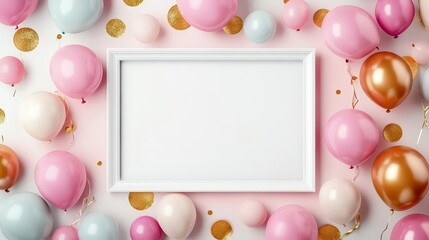 Birthday or holiday mockup with frame, pink and gold balloons on white background.