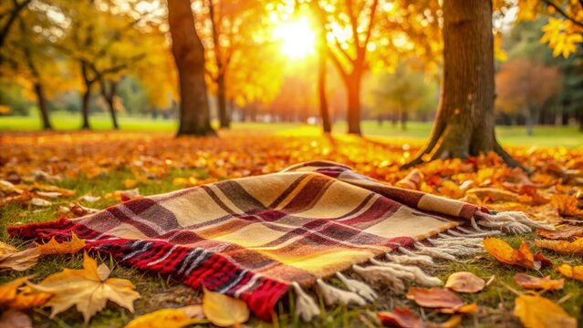 Cozy wool picnic blanket with fringe edges, laid out under a tree with scattered autumn leaves, warm fall color palette, soft-focus background, nostalgic and peaceful atmosphere